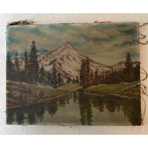 Vintage Distressed Charm Moody Mountain Landscape Oil Painting on Canvas 12"x16" - Picture 15 of 15